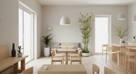 Fototapeta premium Serene Minimalist Cafe Soft Light Interior Design. AI Generated