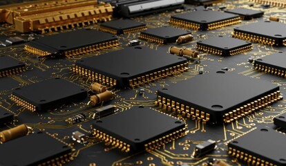 Close-up of circuit board with microchips and gold connectors showcasing high-tech electronics development and innovation.