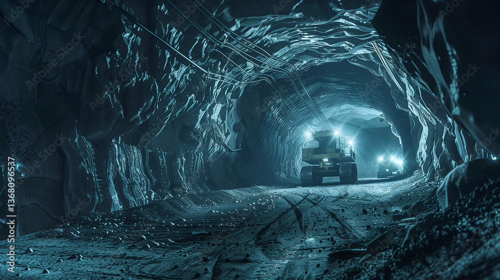 Poster this a mining vehicle extracts regolith from an asteroid in a dark, illuminated tunnel during excava