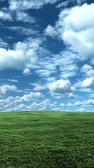 Obraz premium A lush, green field of grass stretches endlessly under a bright blue sky, dotted with fluffy white clouds. Sunlight glistens on the blades, creating a serene and vibrant landscape.
