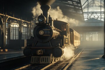 Naklejka premium Majestic steam train at historic station with warm tones. AI generative