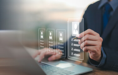 Businessman showing concept of human resources, employees, employment, management, training, HR, technology, business leadership concept, consulting, customer concept, digital service.	
