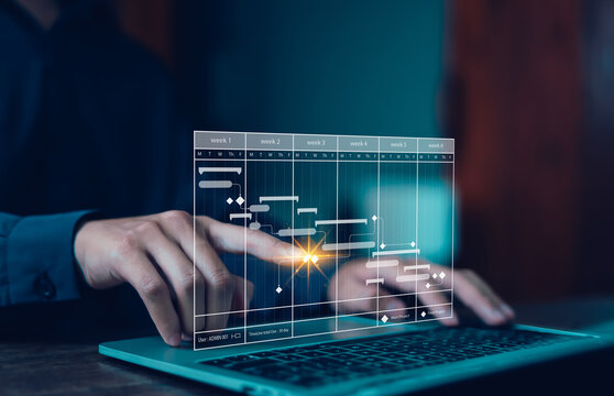 managing milestones on a timeline Gantt chart in technology online. concept of project planner in software, schedule plan management work update, and workflow. project, business, plan, schedule,	
