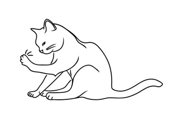 Elegant Line Drawing of a Cat Grooming Its Paw