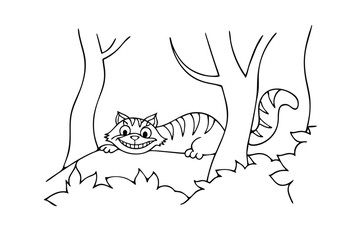 Cheshire Cat Coloring Page Grinning, Woods, Cartoon, Illustration, Alice, Wonderland, Trees, Smiling