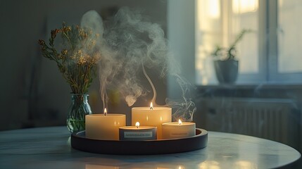 Calm and Serene Candle Display with Soft Smoke and Gentle Light