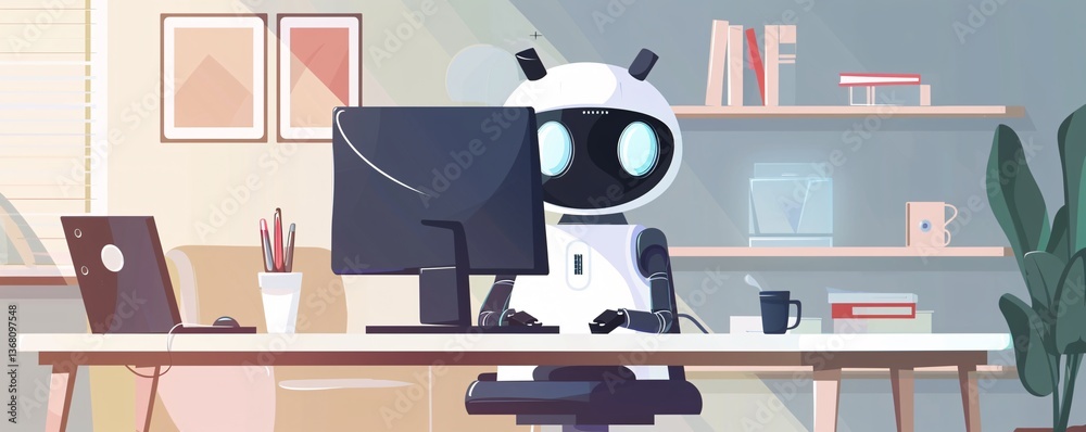 Poster contemporary robot works remotely, seated at a desk in a home office
