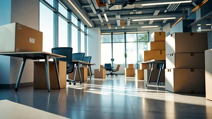 Modern office interior with large windows and cardboard moving boxes on floor
