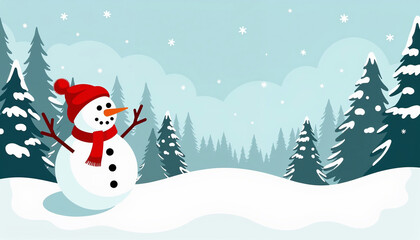 Obraz premium Snowman with a smile against a snowy forest background 