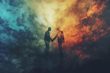 Two businessmen are shaking hands under an abstract and stormy sky, representing a deal with heaven and hell
