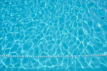 Obraz premium close-up photograph capturing the rippling aqua-blue water surface of a swimming pool, where sunlight creates intricate patterns of light refraction, waves, and ripples, perfect for poolside advertise