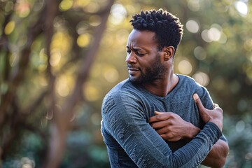 Young man in distress and clutching his chest post-workout, indicating possible heart issues or muscle soreness