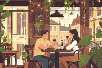 Couple shares a romantic dinner at a restaurant, savoring the city view and each other's company