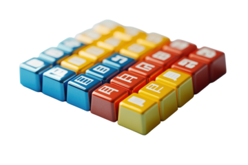 Colorful blocks representing data organization and management, a vibrant array showcasing efficient system architecture with glossy surfaces and a dynamic perspective.