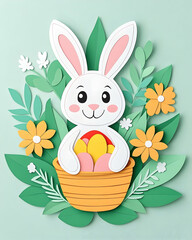 Happy Easter bunny holding colorful eggs in a basket surrounded by spring flowers and leaves
