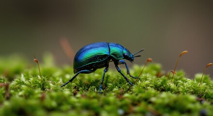 Fototapeta premium Close-up of a vibrant green beetle crawling on lush moss in a natural setting