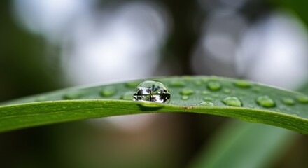 Close-up of a water droplet on a green leaf, showcasing nature's beauty and detail