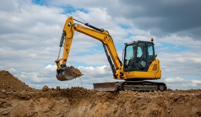 Obraz premium Yellow excavator digging soil at construction site under cloudy sky. Concepts include heavy machinery and land development.
