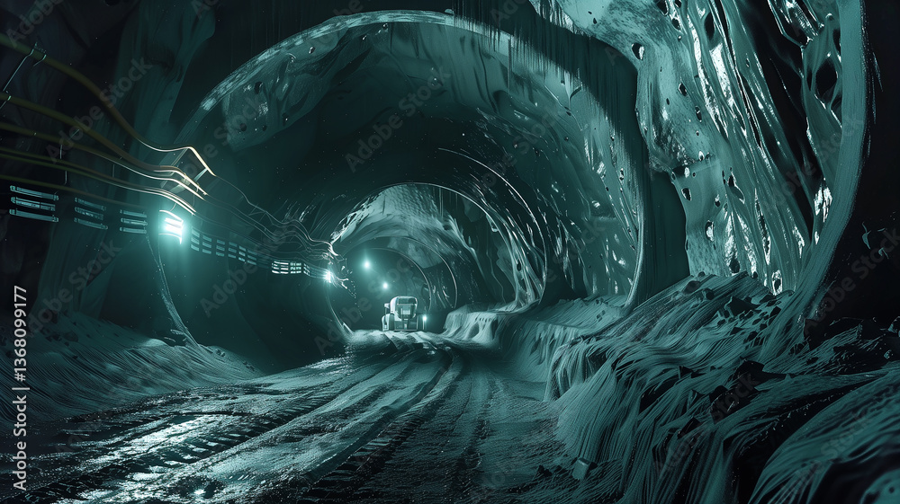Poster this heavy machinery operates in a tunnel, excavating regolith from an asteroid for extraction purpo