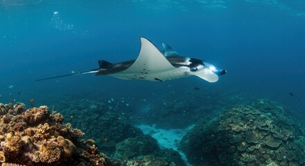 Fototapeta premium Graceful manta ray gliding through vibrant coral reef underwater scene