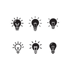 Six Black Silhouette Lightbulb Icons Representing Ideas.A collection of six simple, black silhouette lightbulb icons, each radiating outwards with a burst of light.