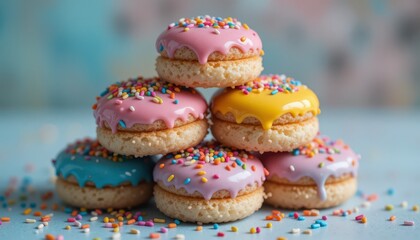 Fototapeta premium Stacked Colorful Iced Sandwich Cookies With Rainbow Sprinkles On Blue Surface