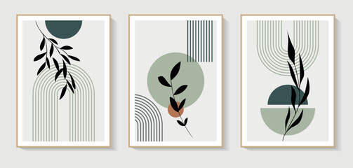 Set of 3 Minimalist wall art. Abstract geometric prints for boho aesthetic interior. Home decor wall prints, terracotta colors. Sun, rainbow and clay pots. Contemporary artistic printable vector
