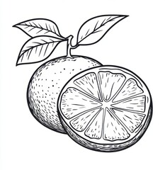 Black and White Illustration of Whole and Cut Orange Fruit