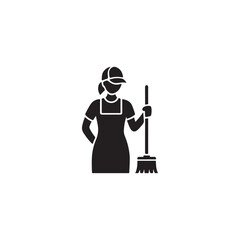 Woman Janitor Holding Broom, Representing Professional Cleaning Services.A black and white silhouette of a woman in a uniform, holding a broom.