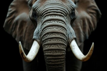 Obraz premium Close-up of an elephant's face showing its skin, tusks, and trunk on a stark black background