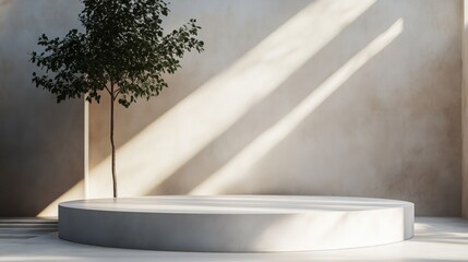 Minimalist white podium lit by direct sunlight, creating sharp contrasts and crisp shadows