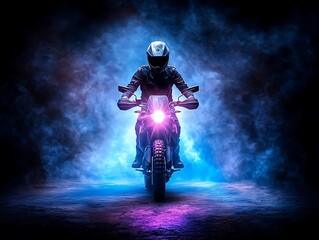 Motorcyclist in smoky studio.