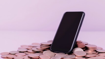 Modern smartphone on a pile of coins representing digital finance or mobile economics concept
