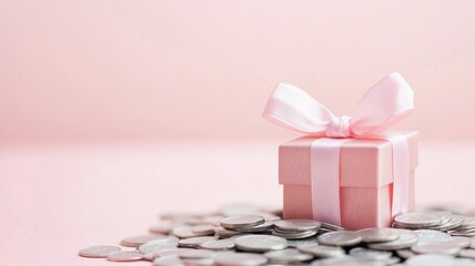 Gift box and coins on pink background for financial celebration and savings concept