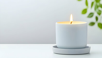 Lit candle in a light gray container on a white surface, with blurred greenery in the background