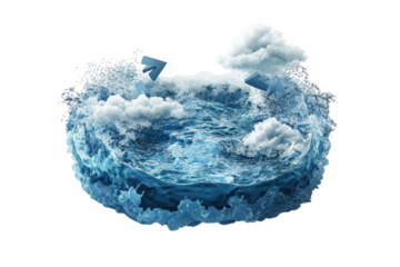 A mesmerizing ocean world miniature showcasing the cyclical dance of water and clouds, with dynamic waves and subtle blue tones.