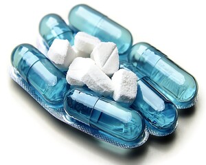 Blue capsules and white tablets rest on a plastic blister pack