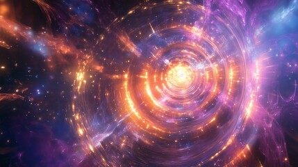 Wormhole opening in bright interstellar nebula with swirling clouds of gas and plasma creating an abstract space background