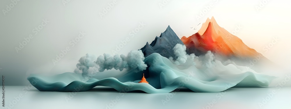 Poster captivating digital depicting a surreal mountainscape shrouded in fog and mist with undulating azure