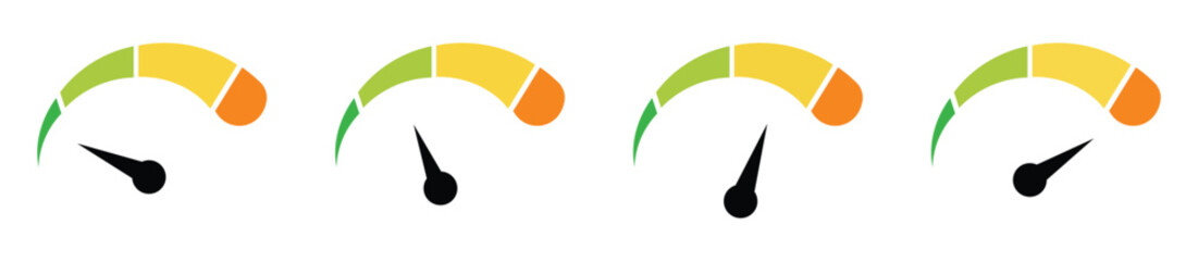 Speedometer icon set. dashboard colorful speedometer icons set. Speed indicator. Gauge, dashboard, tachometer, scale. Speedometer icon with arrow