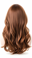 Naklejka premium Long, wavy light brown synthetic wig on mannequin head, rear view