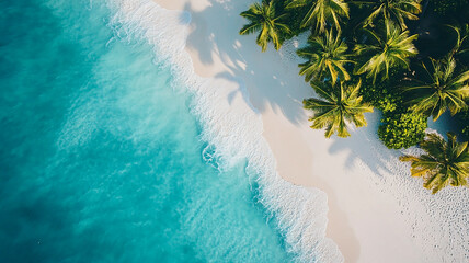 Aesthetic wallpaper of a tropical beach with turquoise water, white sand, and swaying palm trees, creating a serene paradise. Perfect for social media posts and relaxation themes.

