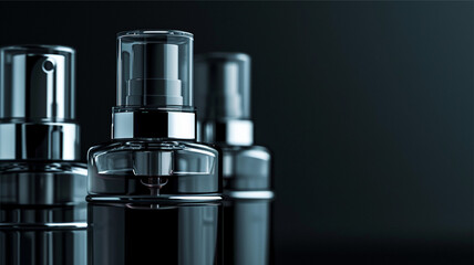 Cosmetics bottles dark background with copy space.