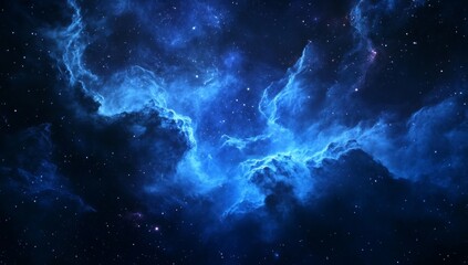 Fototapeta premium A blue nebula cloud in space, with stars and galaxies in the background. The scene is cinematic, dark