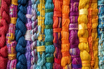 A vibrant tapestry woven from colorful threads, each thread representing a different aspect of nature, coming together to form a unified design