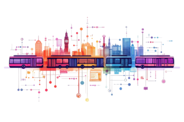 A vibrant city skyline with interconnected buses symbolizing modern, efficient public transportation in a colorful, stylized design.