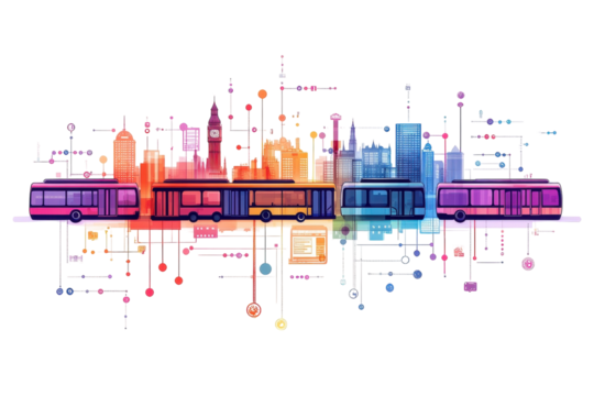 A vibrant city skyline with interconnected buses symbolizing modern, efficient public transportation in a colorful, stylized design.