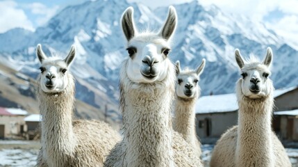 Obraz premium A group of llamas stands in front of majestic mountains, showcasing their fluffy coats and curious expressions under a clear blue sky.