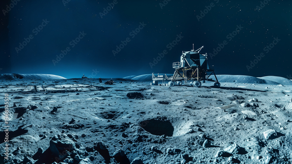 Poster this advanced machinery conducts regolith extraction on the moon's surface under a starry sky.