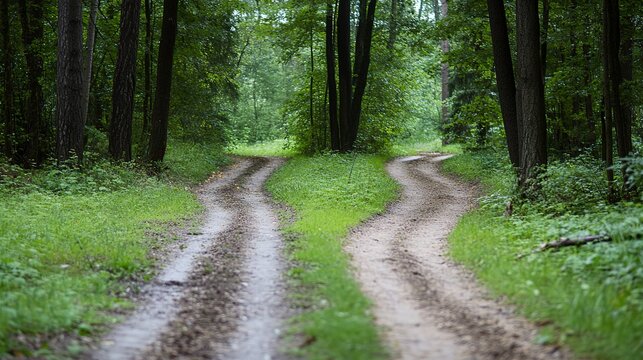A tranquil forest path diverging into two inviting trails, a journey of choices under a canopy of lush green leaves and dappled sunlight.